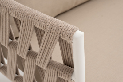 "Диего" диван 2-местный плетеный из роупа, каркас алюминий белый муар, роуп бежевый круглый, ткань бежевая 052